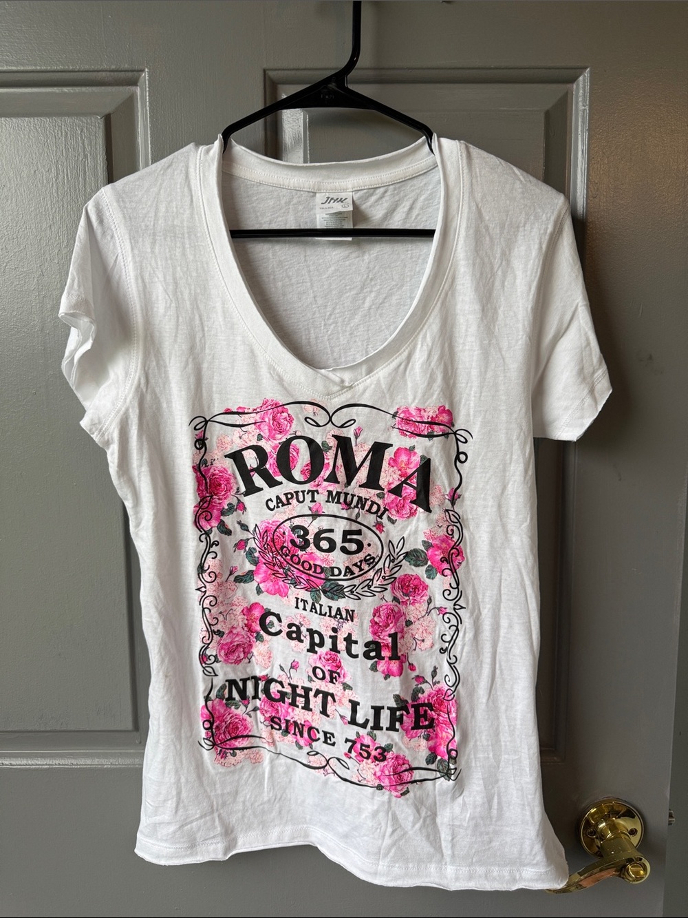 White ROMA Graphic Tee with Pink Floral Print